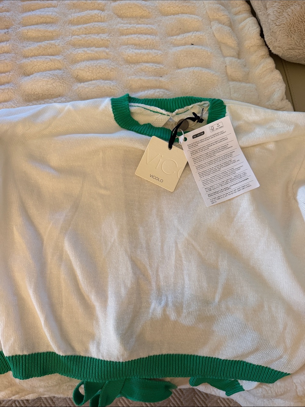 Vicolo Women's White Crew Sweater with Green Trim made in ITALY